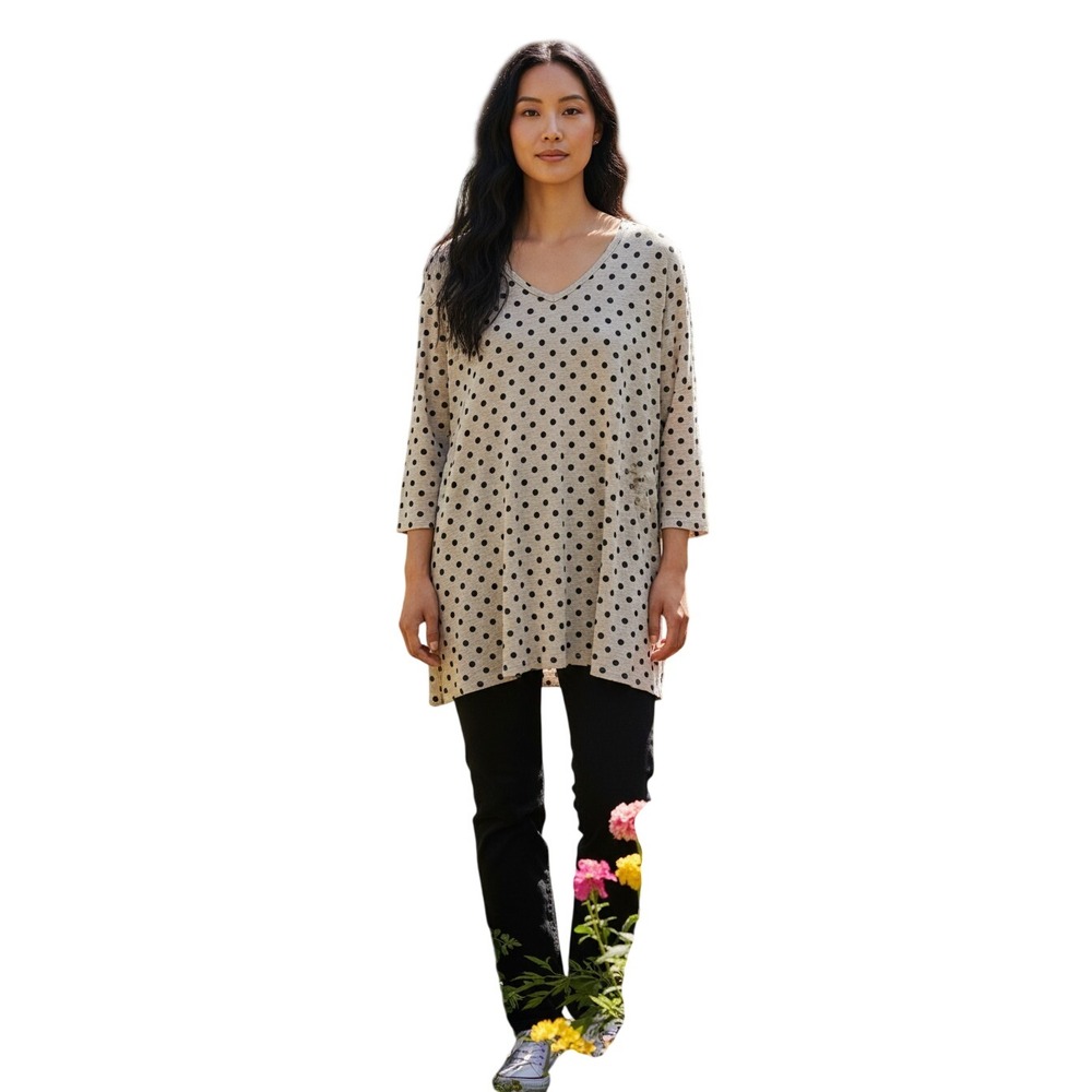 Jess & Jane Womens Polka Dot V-Neck Tunic Top Oatmeal Black 3/4 Sleeve Medium